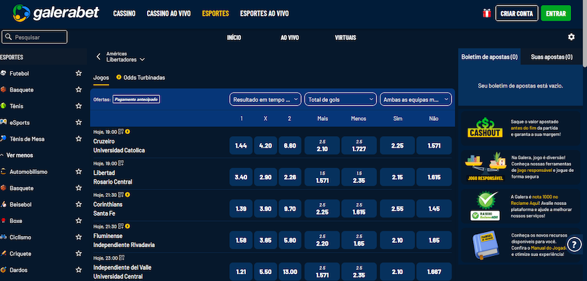 Esportes disponíveis Galera Bet