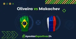Foto de duas luvas de MMA com o texto Oliveira e Makhachev em sobreposição.