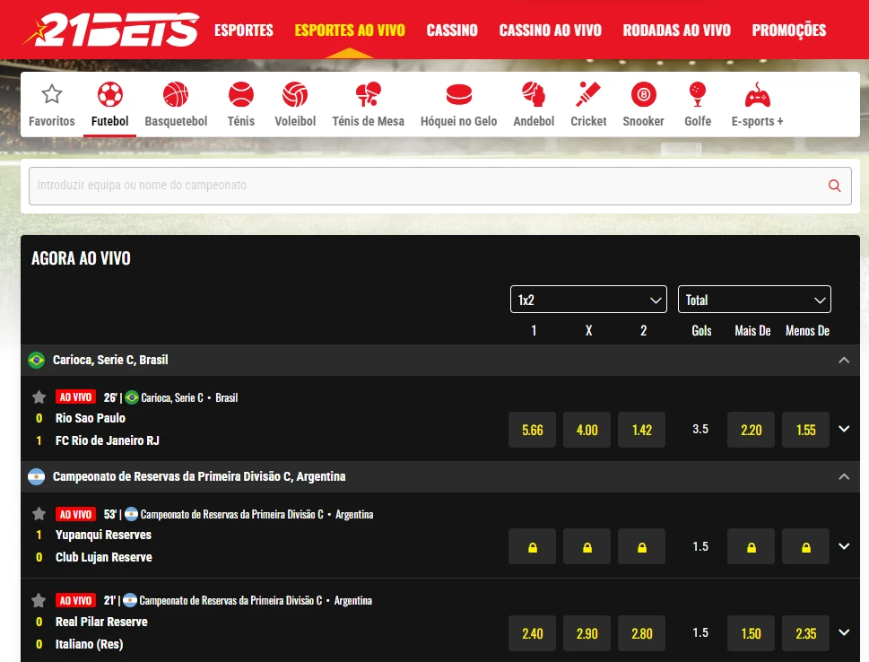 apostas ao vivo na 21 Bets.
