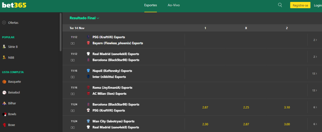 Tela de apostas em fifa no bet365.