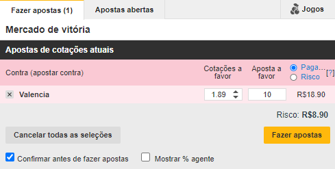 detalhe de aposta da Betfair