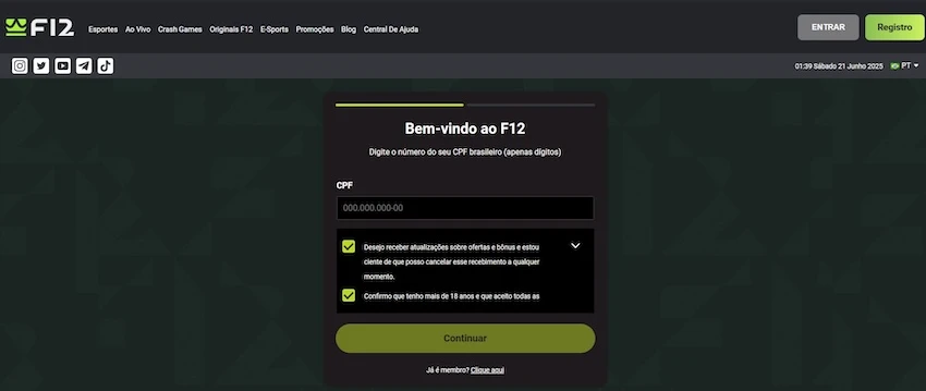 Processo de registro na F12Bet