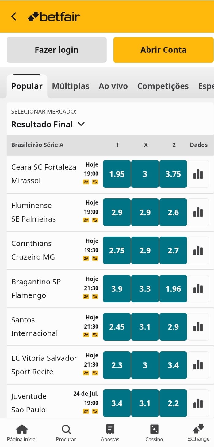 Apostas em futebol na Betfair
