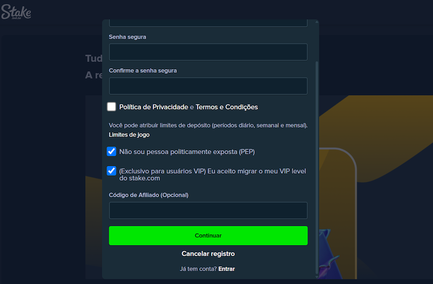 Cadastro na Stake