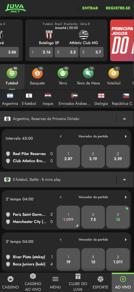 Apostas ao vivo na Luva bet acessadas por meio do navegador do celular