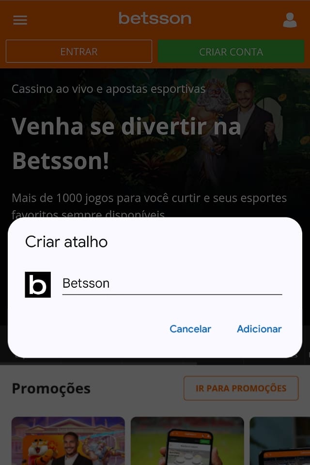 Criação de atalho para o site da Betsson