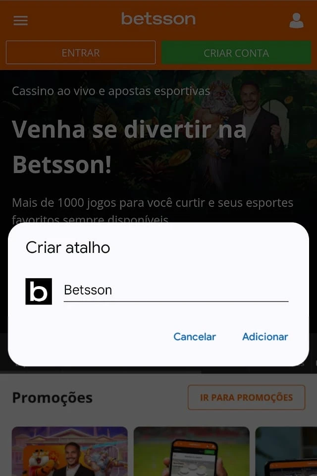 Criação de atalho para o site da Betsson