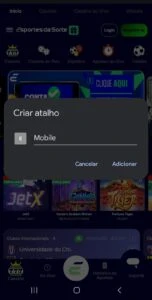 Criação de atalho para acesso facilitado ao site móvel da Esportes da Sorte