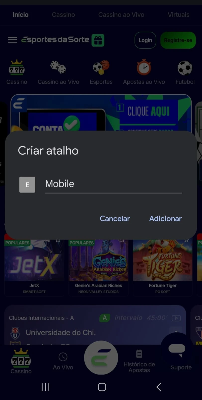 Criação de atalho para acesso facilitado ao site móvel da Esportes da Sorte