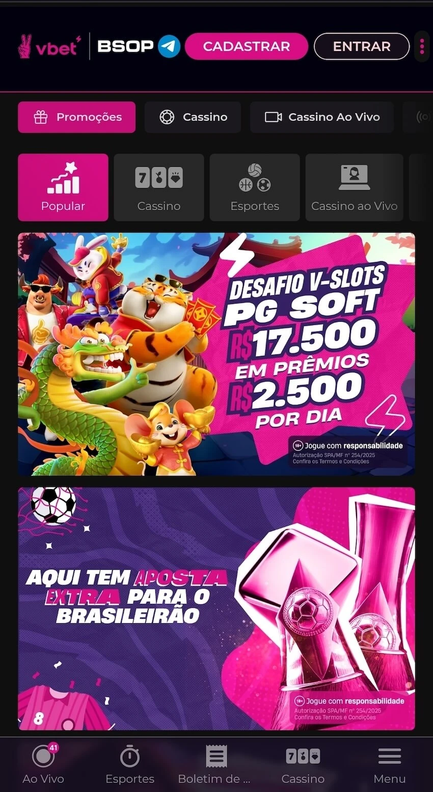 Bônus disponíveis no site da Vbet
