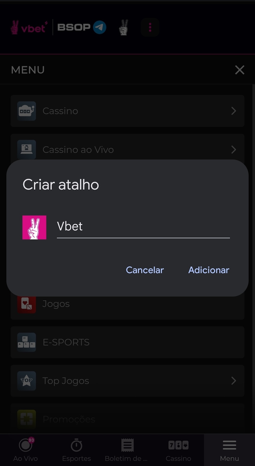Criação do atalho para acesso ao site móvel da Vbet