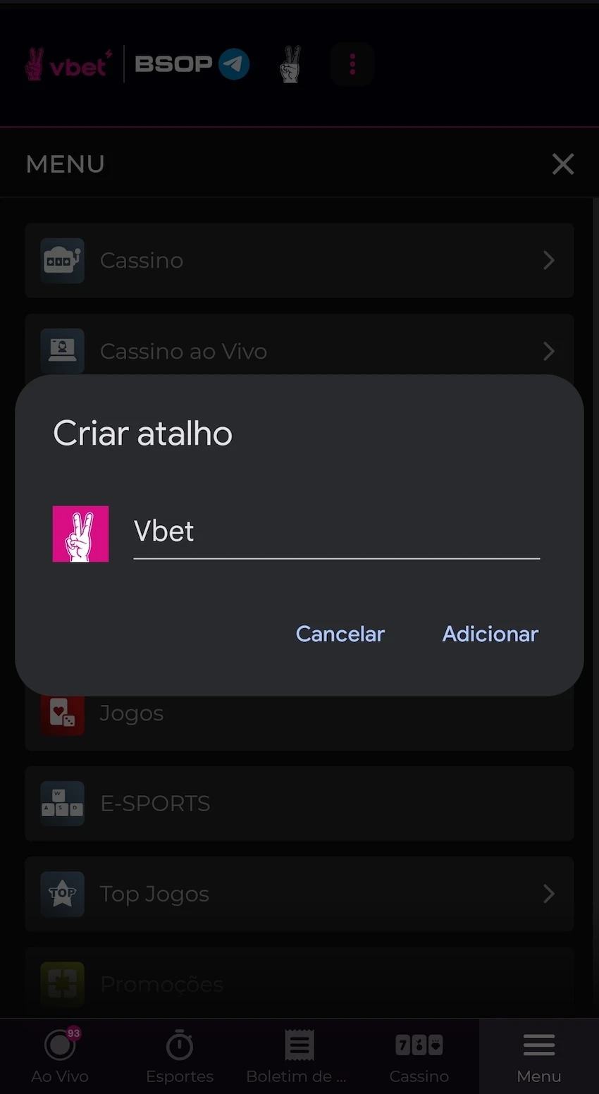 Criação do atalho para acesso ao site móvel da Vbet