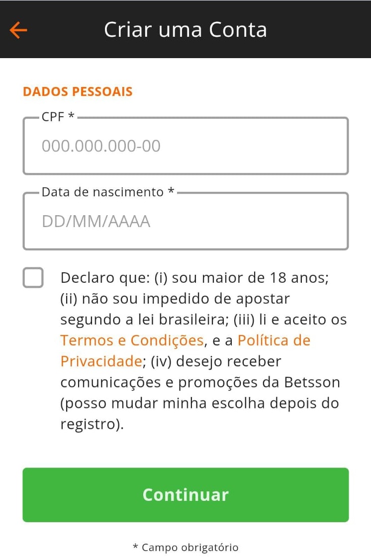Criação de conta na Betsson