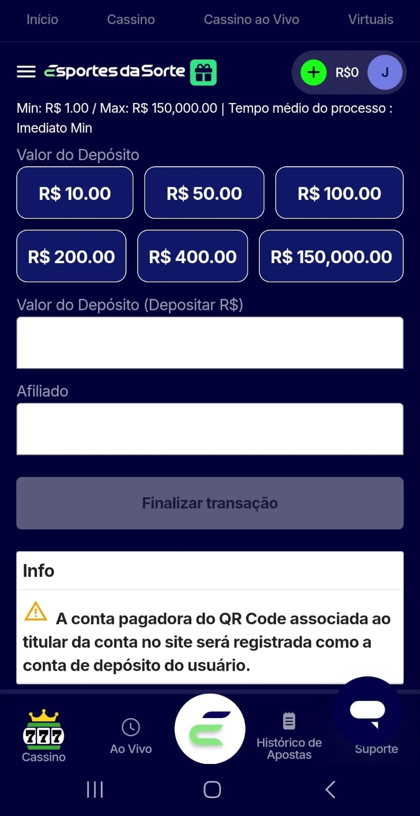 Depósito na Esportes da Sorte
