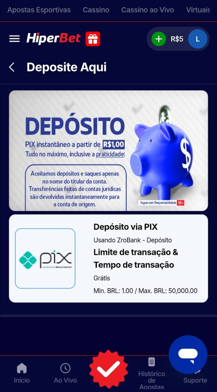 Processo de depósito na Hiperbet
