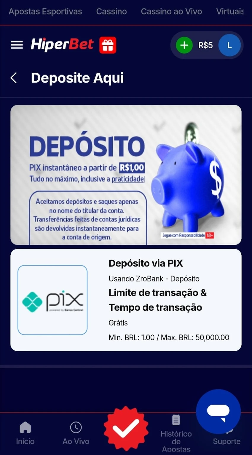 Processo de depósito na Hiperbet