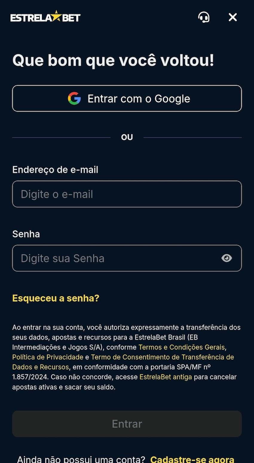 Login no site da Estrelabet