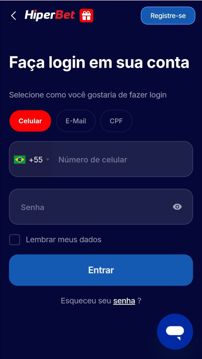 Processo de login na Hiperbet