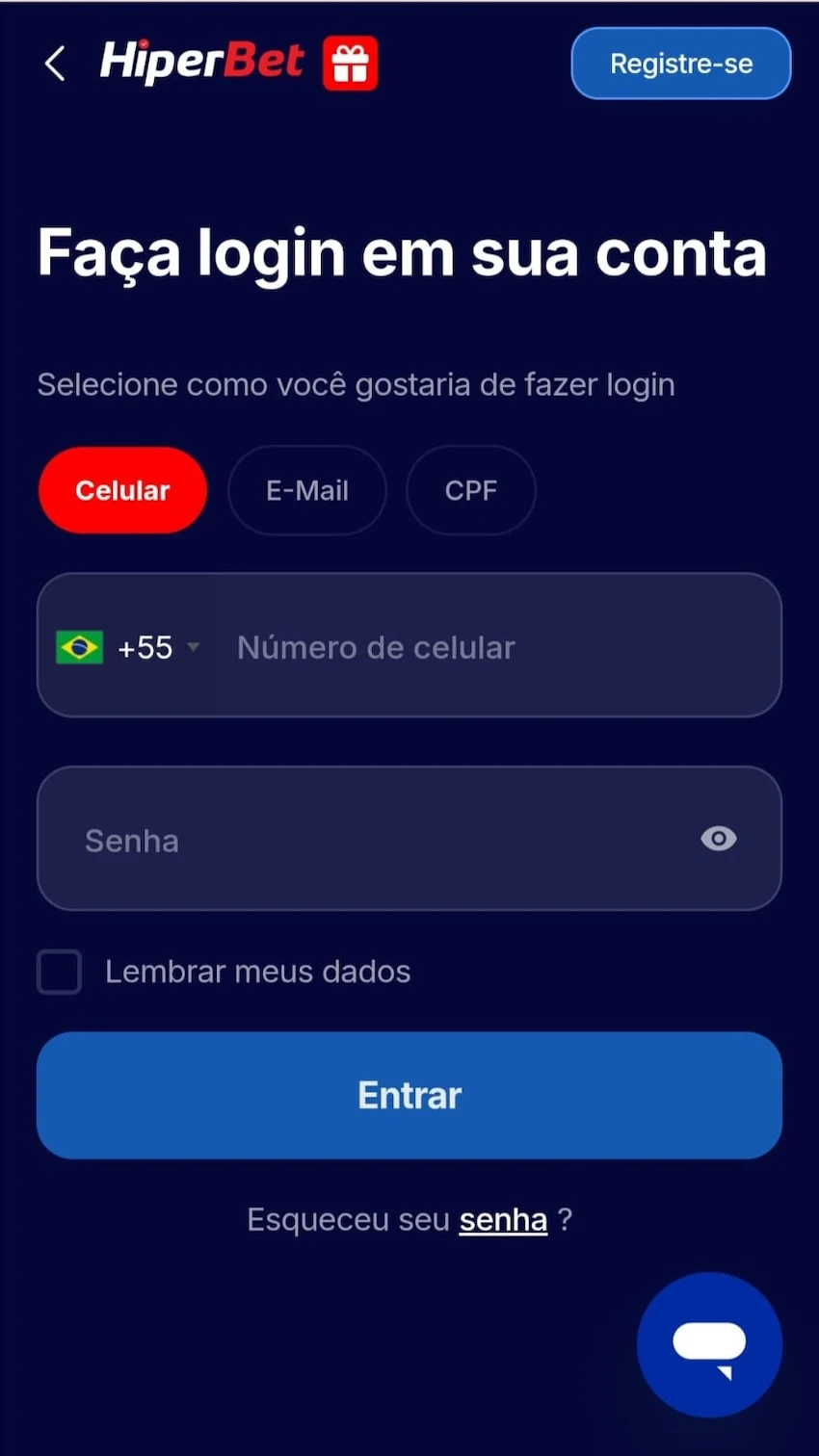 Processo de login na Hiperbet