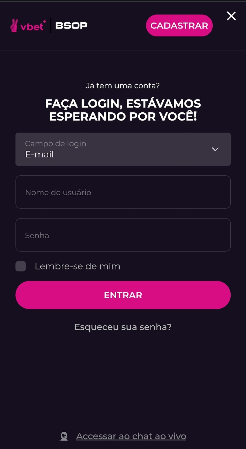 Login no site móvel da Vbet