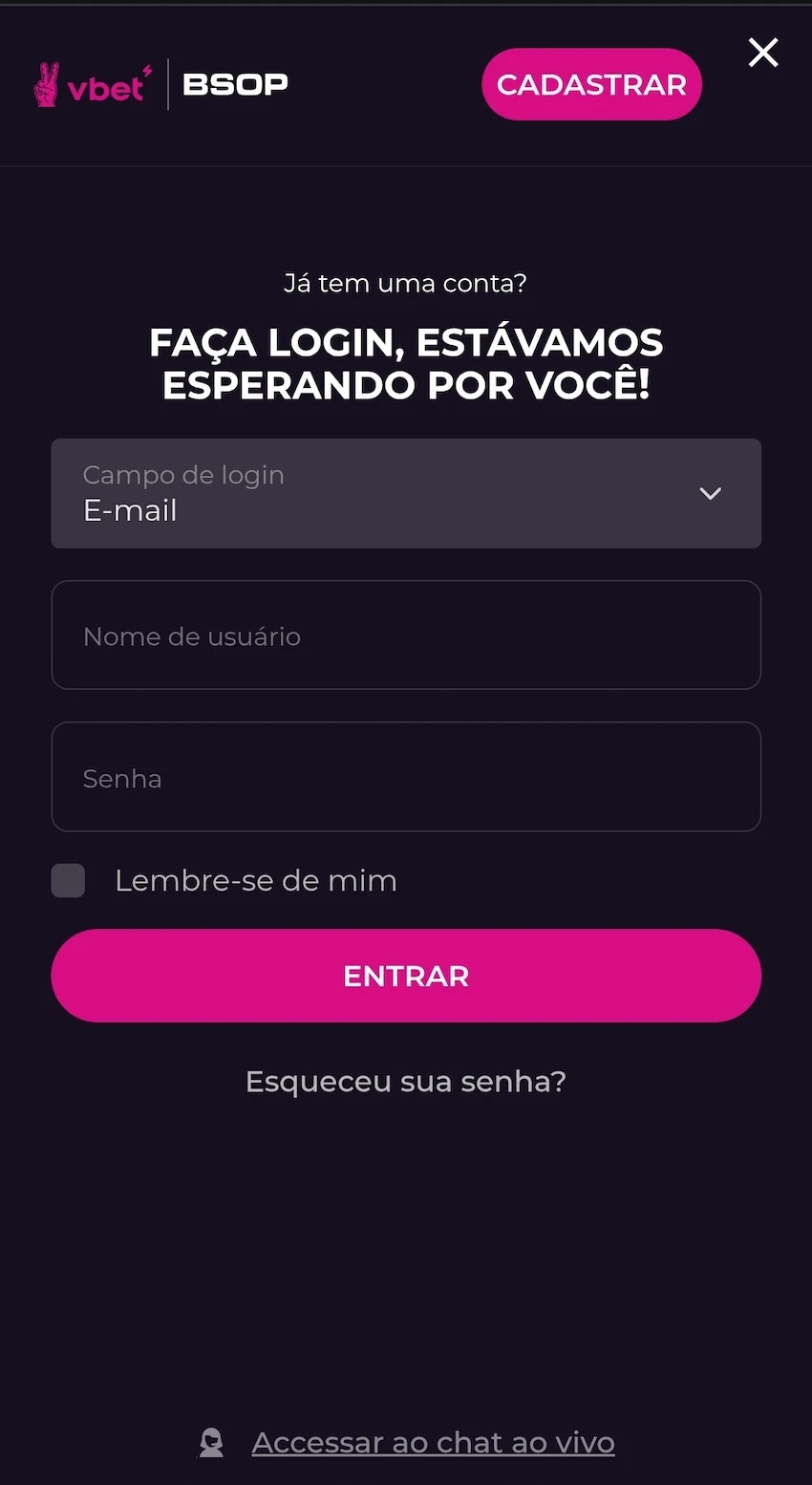 Login no site móvel da Vbet
