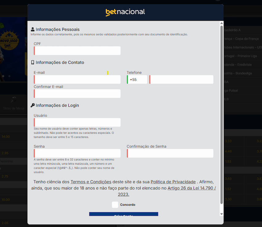 Processo de registro na Betnacional