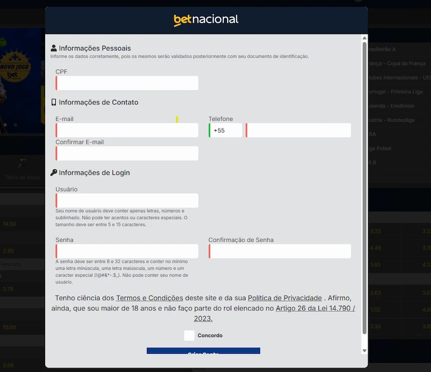 Processo de registro na Betnacional