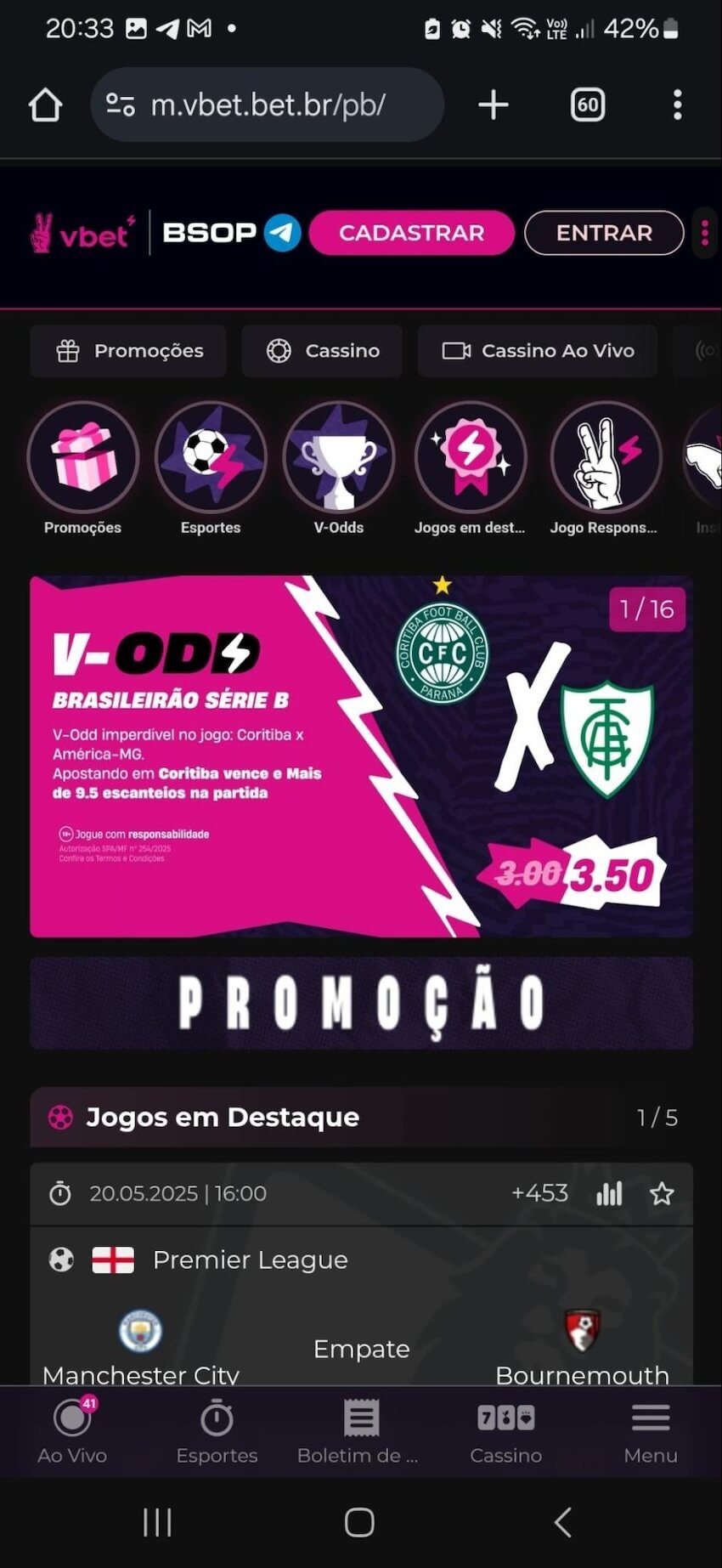 Site móvel da Vbet