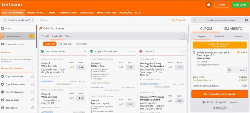 Apostas disponíveis na Betsson
