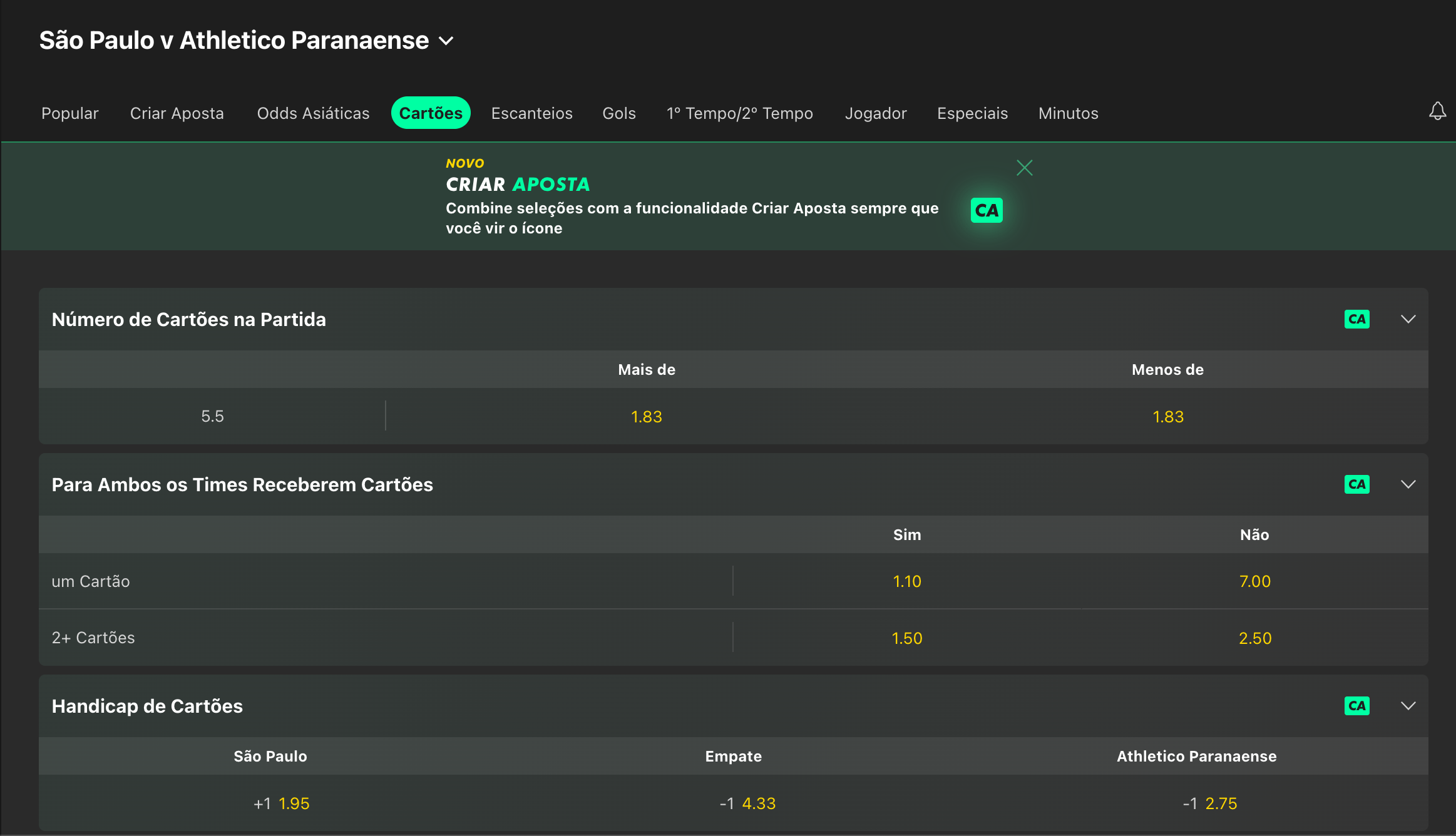 Regra de cartões bet365: odds do jogo São Paulo x Athletico Paranaense