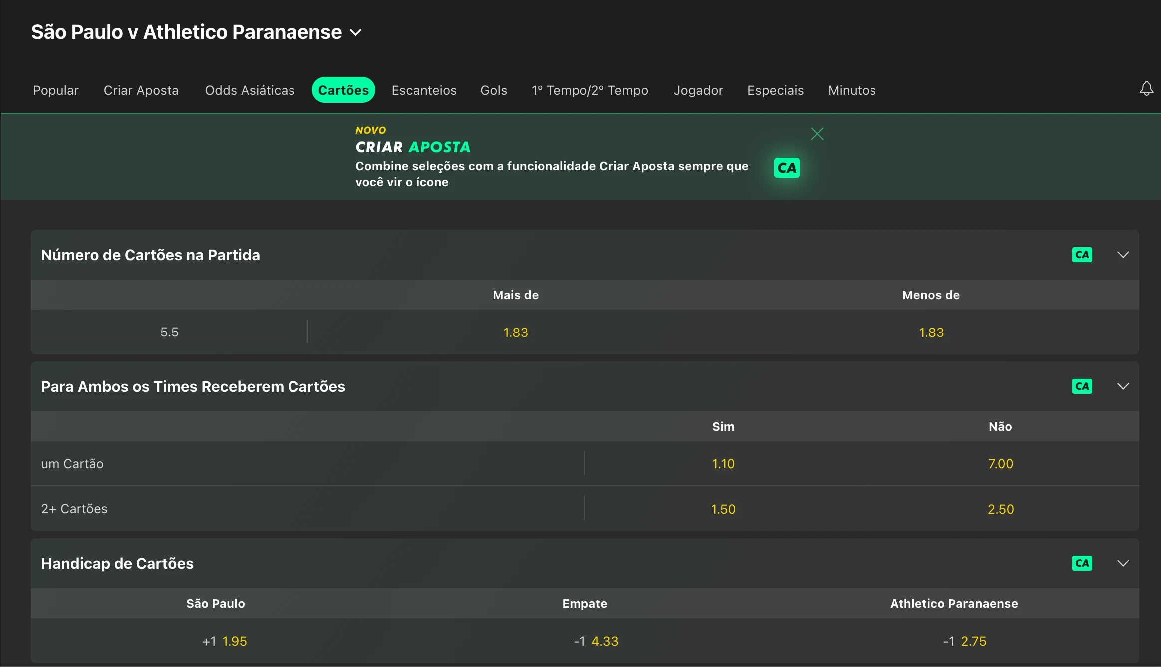 Regra de cartões bet365: odds do jogo São Paulo x Athletico Paranaense