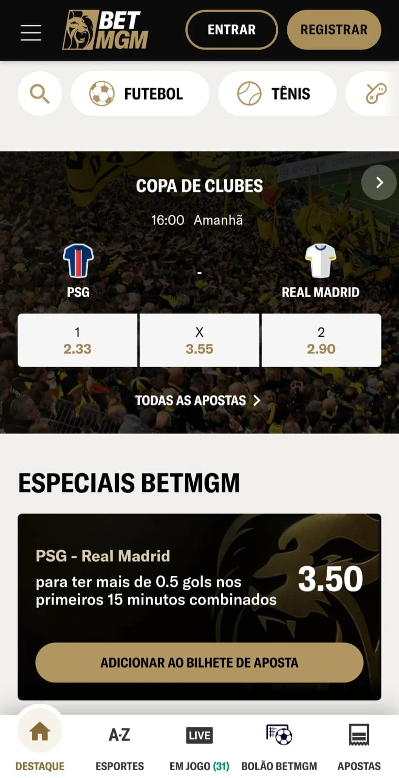 Apostas no app BetMGM