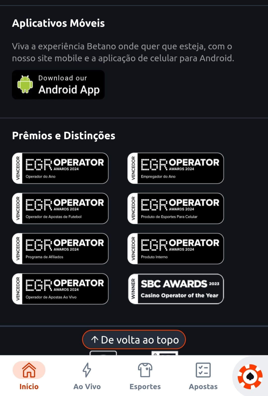 Download do app Android da Betano