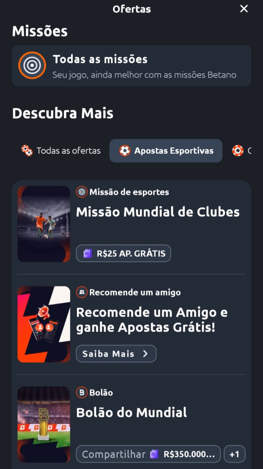 Missões disponíveis na Betano