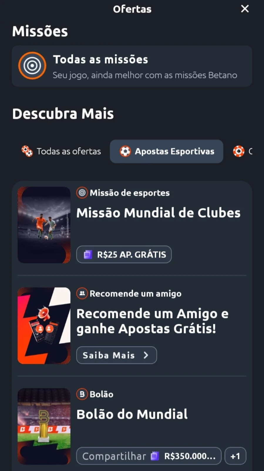 Missões disponíveis na Betano
