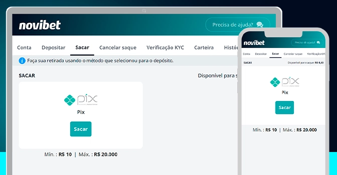 Saque via Pix no site da Novibet