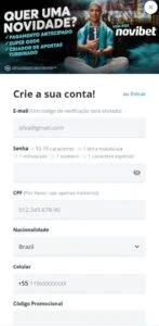 Criação de conta na Novibet