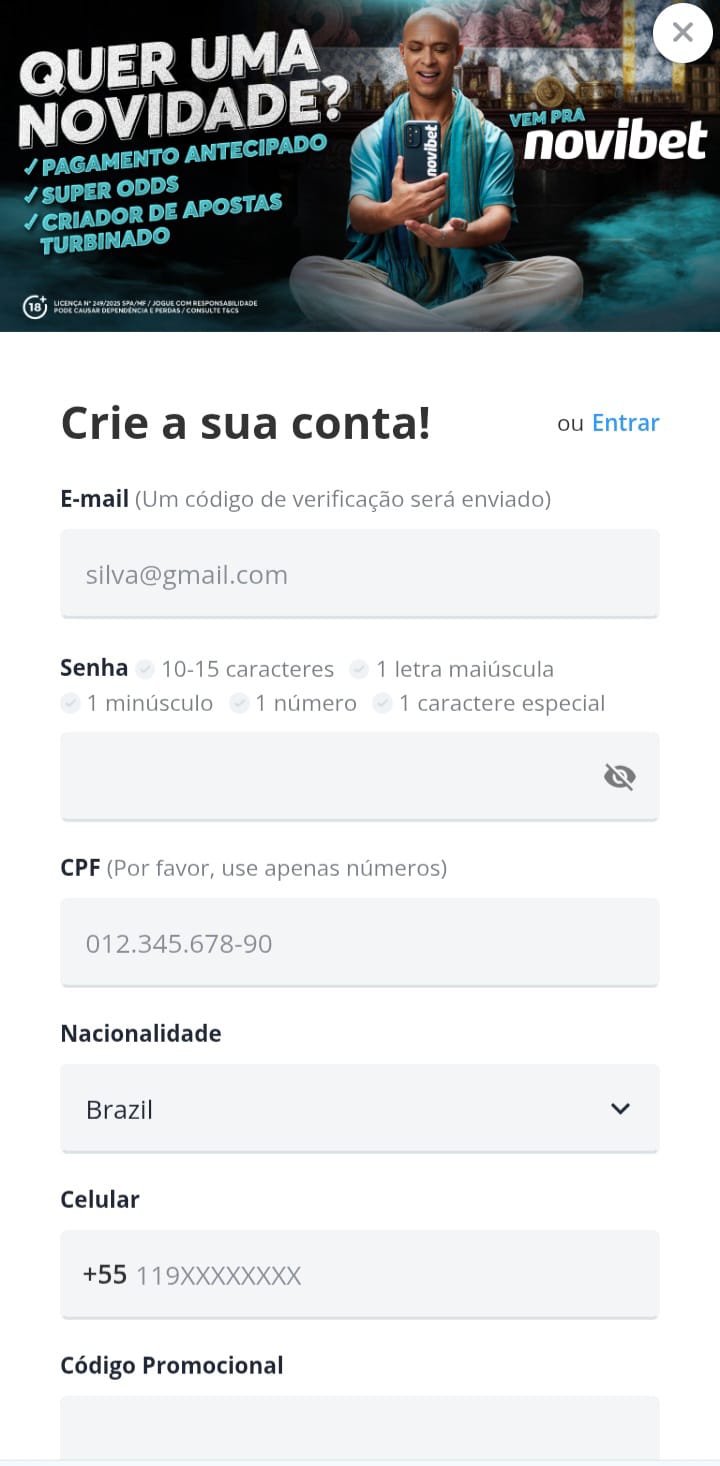 Criação de conta na Novibet